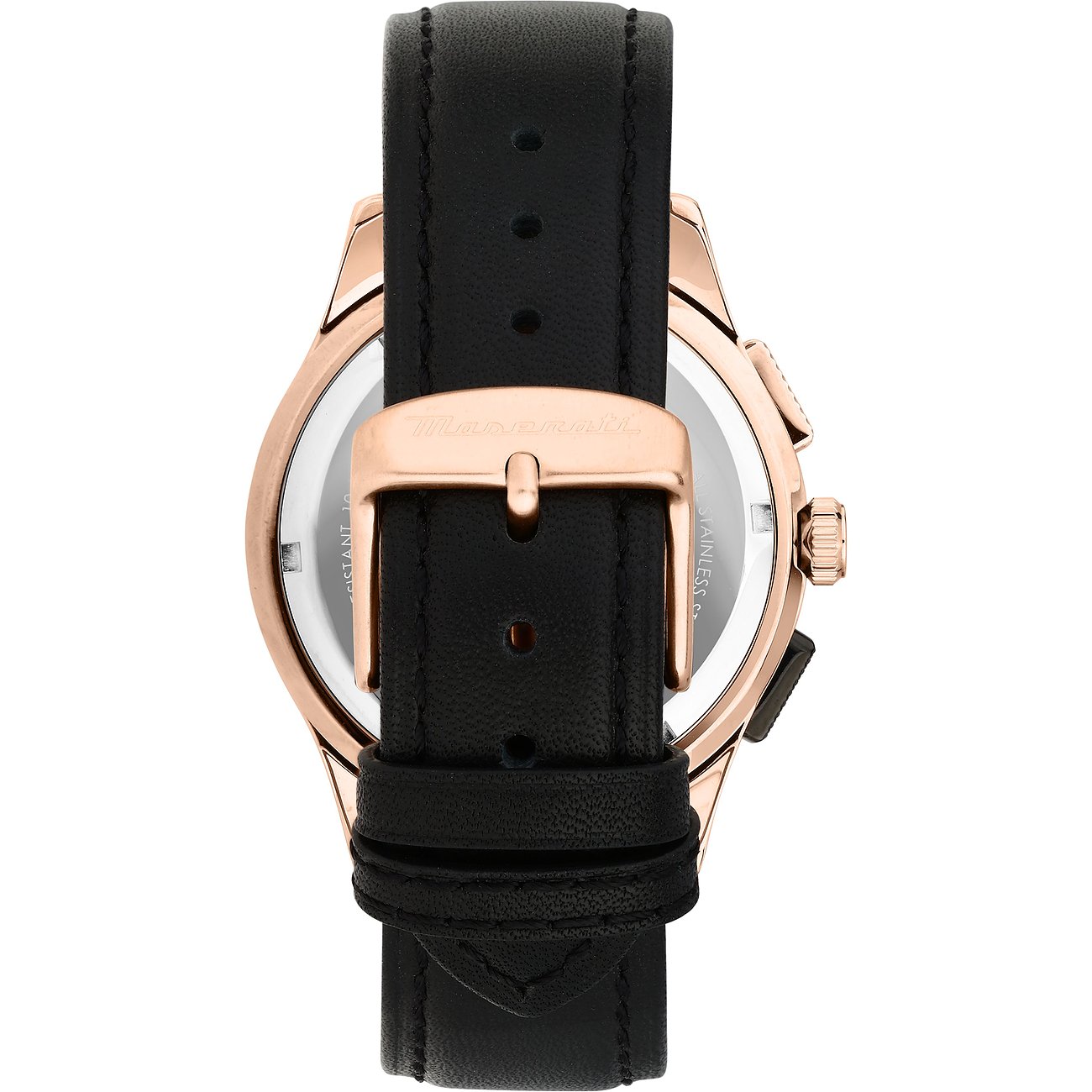 Achterkant van een Maserati herenhorloge van roestvrij staal met roségouden kast en zwart lederen gespband.