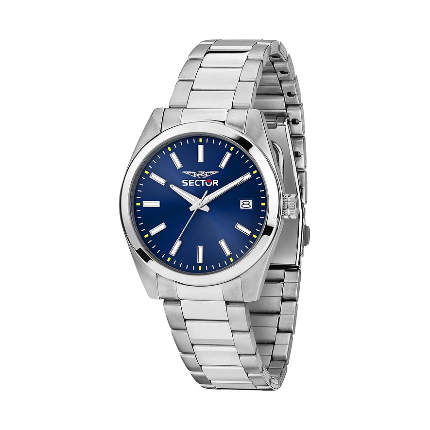Sector Herrenuhr aus Edelstahl mit blauem Zifferblatt und Datumsanzeige, schräg von vorne aufgenommen.
