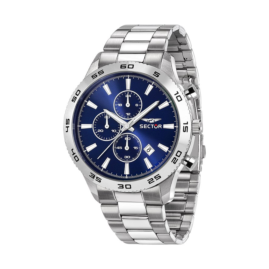 Sector Herrenuhr aus Edelstahl mit blauem Zifferblatt und Chronographenfunktionen, schräg von oben aufgenommen.