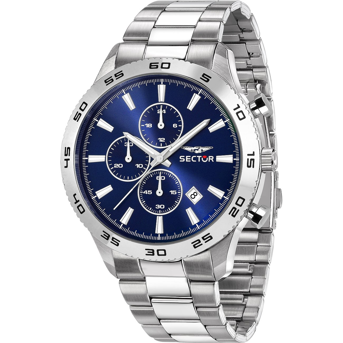 Sector Herrenuhr aus Edelstahl mit blauem Zifferblatt und Chronographenfunktionen, schräg von oben aufgenommen.