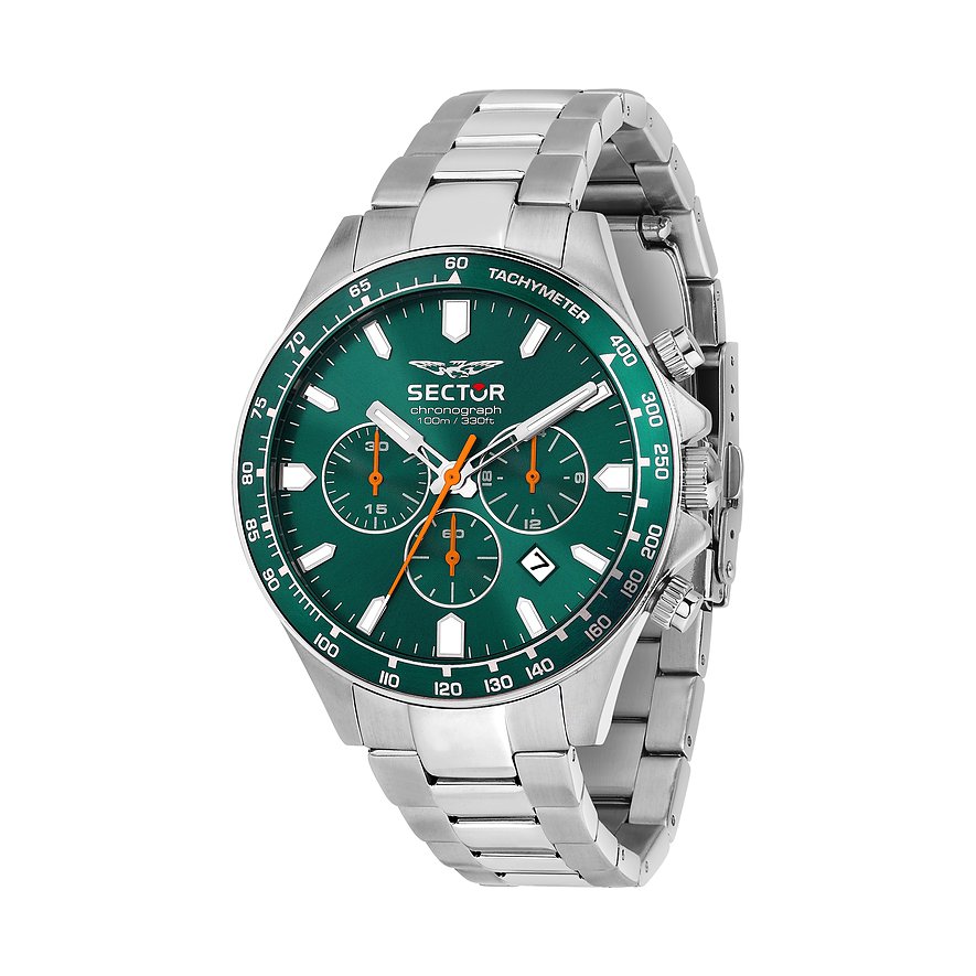 Sector Herrenuhr aus Edelstahl mit grünem Zifferblatt und Chronographenfunktionen.