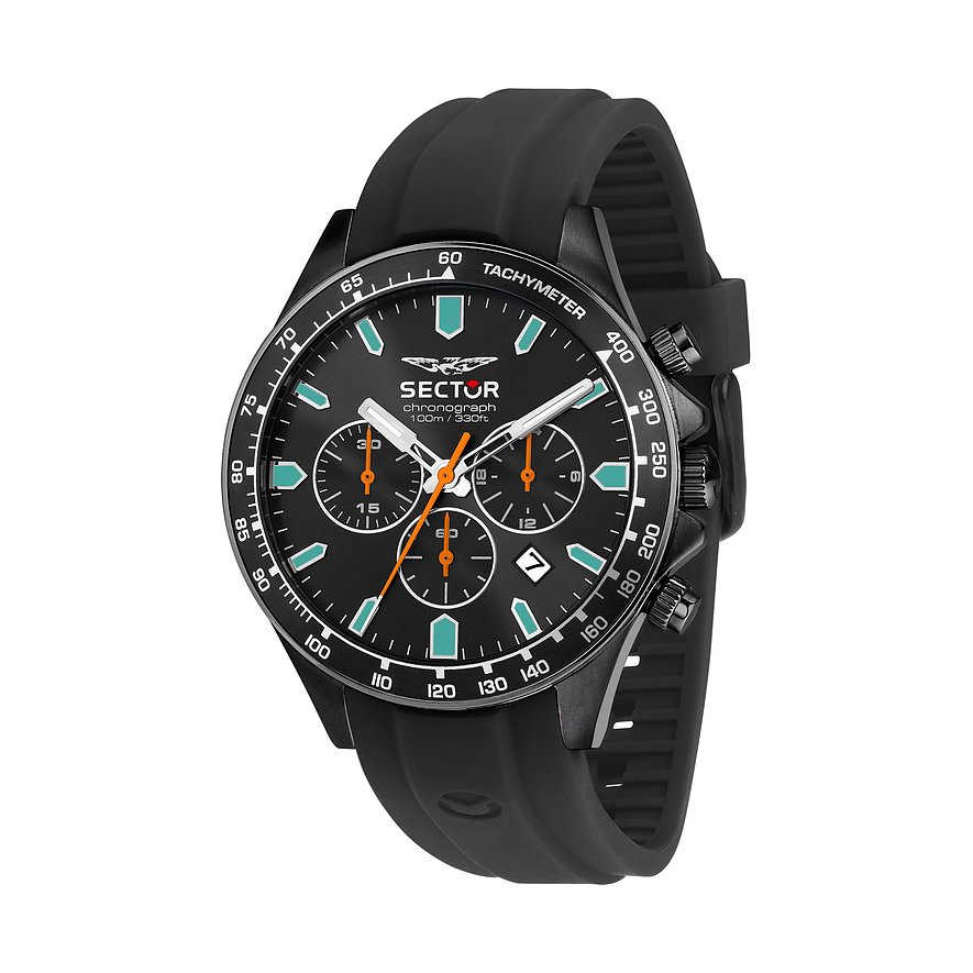 Sector Herrenuhr aus Edelstahl, schwarze Lünette und Armband, schwarzes Zifferblatt mit orangen Akzenten.