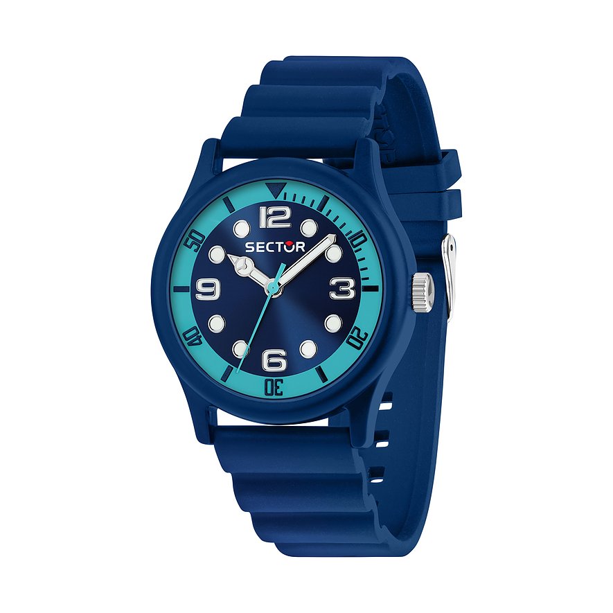 Sector Herrenuhr: blaues Zifferblatt, türkisfarbene Lünette, Edelstahlgehäuse, blaues Gummiarmband.