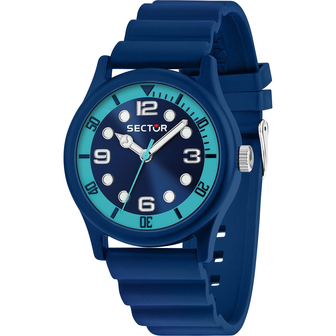 Sector Herrenuhr: blaues Zifferblatt, türkisfarbene Lünette, Edelstahlgehäuse, blaues Gummiarmband.