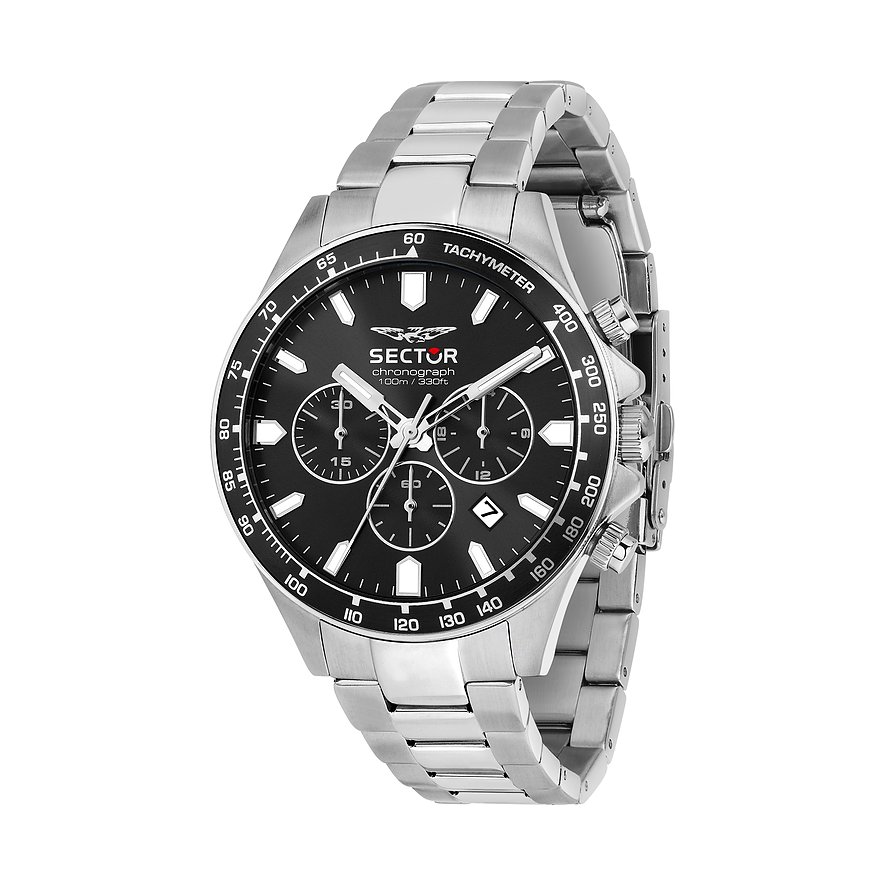 Sector Herrenuhr aus Edelstahl mit dunklem Zifferblatt, Chronographen-Funktion und Tachymeterskala auf dem Zifferblatt.