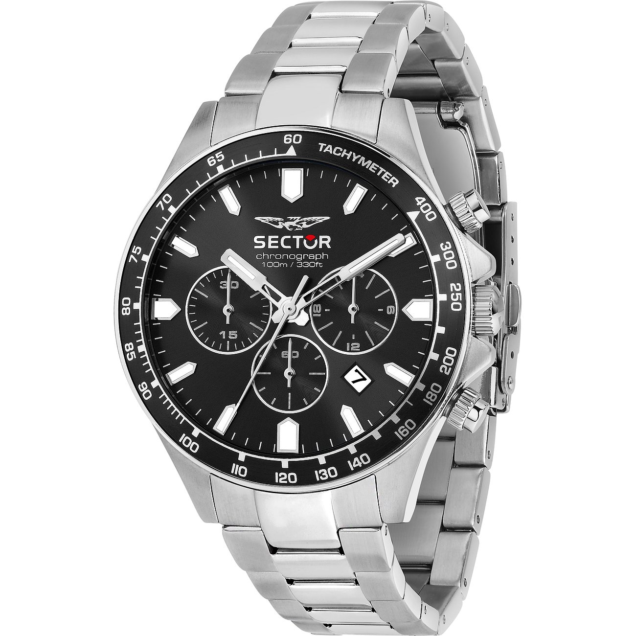 Sector Herrenuhr aus Edelstahl mit dunklem Zifferblatt, Chronographen-Funktion und Tachymeterskala auf dem Zifferblatt.