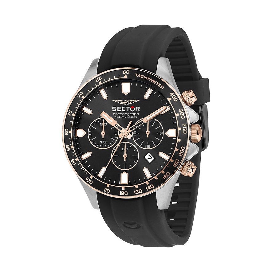 Sector Herrenuhr aus Edelstahl mit schwarzem Zifferblatt, drei Chronographen-Unterzifferblättern und schwarzem Armband.