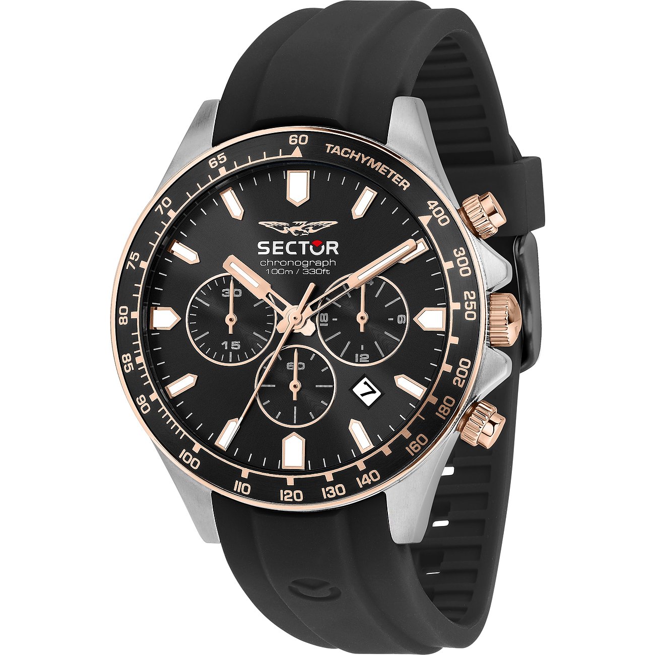 Sector Herrenuhr aus Edelstahl mit schwarzem Zifferblatt, drei Chronographen-Unterzifferblättern und schwarzem Armband.