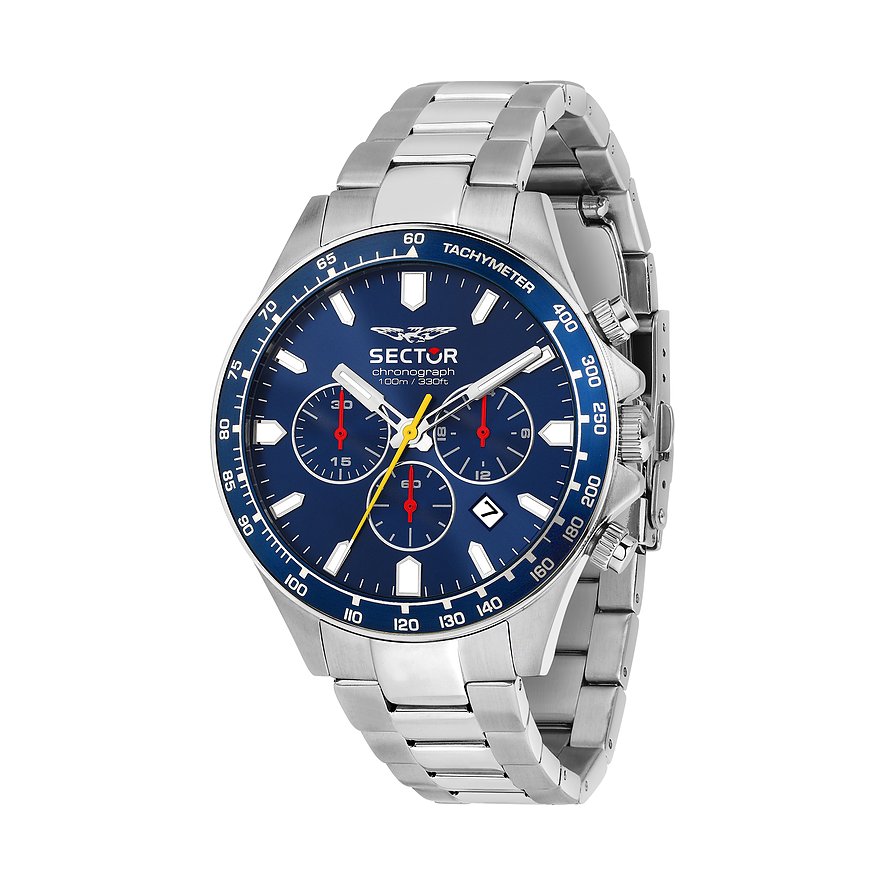 Sector Herrenuhr aus Edelstahl mit blauem Zifferblatt, Chronographenanzeige und silbernem Armband.