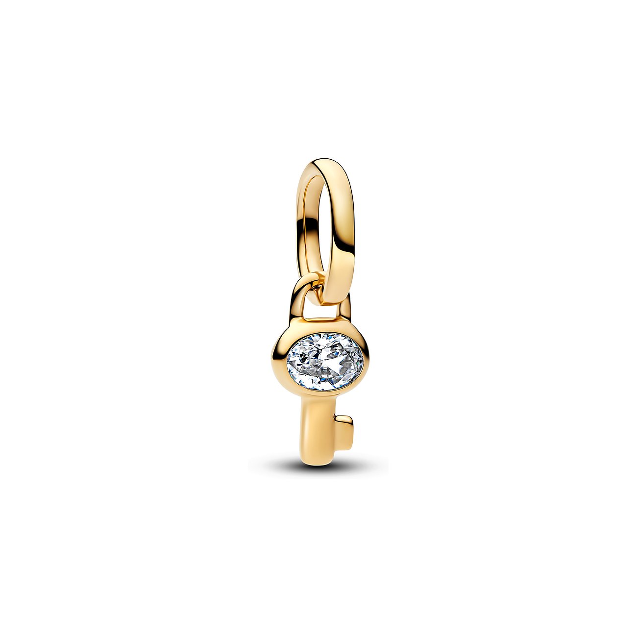 Pandora Anhängeschmuck in Schlüsselform aus goldenem Metall mit einem runden Zirkonia-Stein.