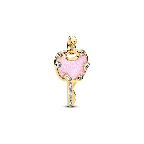 Pandora Anhängerschmuck aus goldfarbenem Metall in Schlüsselform, verziert mit einem rosa Farbstein und Zirkonia Steinen.