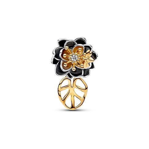 Pandora Anhängeschmuck aus Silber und Metall in Form einer schwarz-goldenen Blüte mit einem glitzernden Stein.