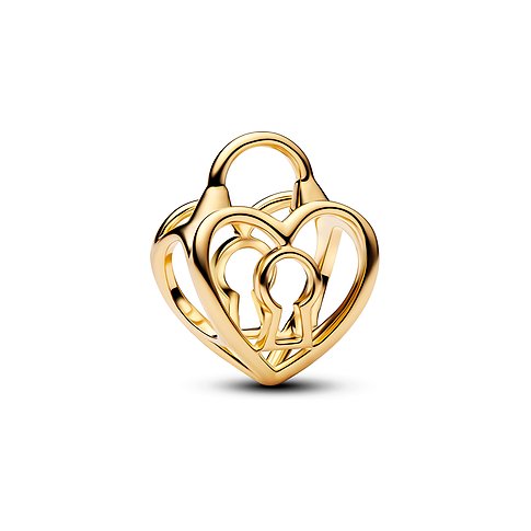 Pandora Anhängerschmuck aus gelb-goldenem Metall in Herzform, mit zwei Schlüssellochausschnitten.