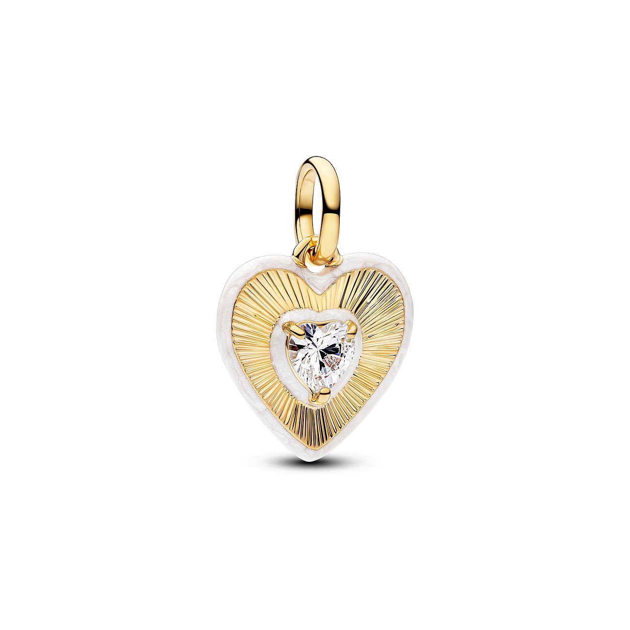 Pandora Herz-Anhänger aus goldfarbenem Metall und Emaille mit Zirkonia in Herzform in der Mitte.