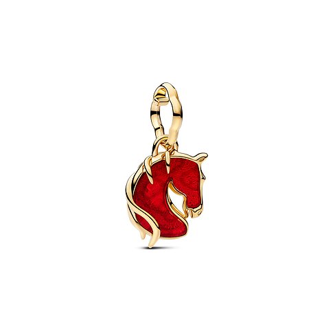 Pandora Anhängeschmuck in Form eines Pferdekopfes aus goldfarbenem Metall mit roter Emaille-Füllung.