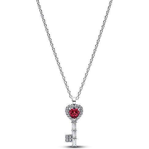 Pandora Halskette aus Silber mit schlüsselförmigem Anhänger, verziert mit rotem Zirkonia in Herzform und klaren Steinen.