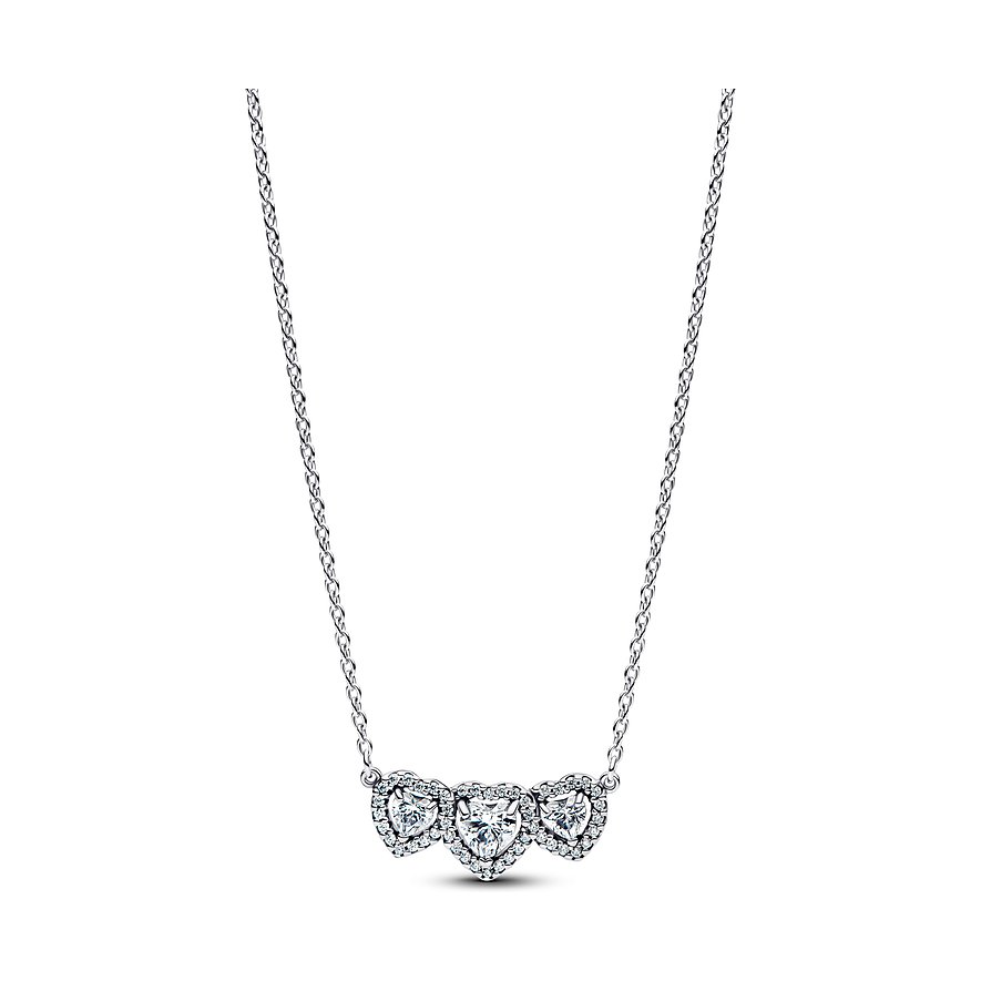 Pandora Halskette aus 925er Silber mit drei herzförmigen Anhängern, verziert mit Zirkonia-Farbsteinen.