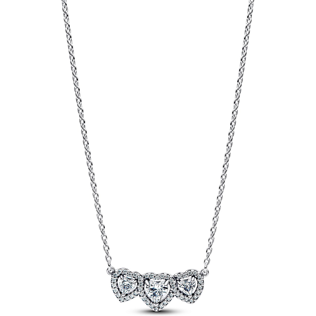 Pandora Halskette aus 925er Silber mit drei herzförmigen Anhängern, verziert mit Zirkonia-Farbsteinen.