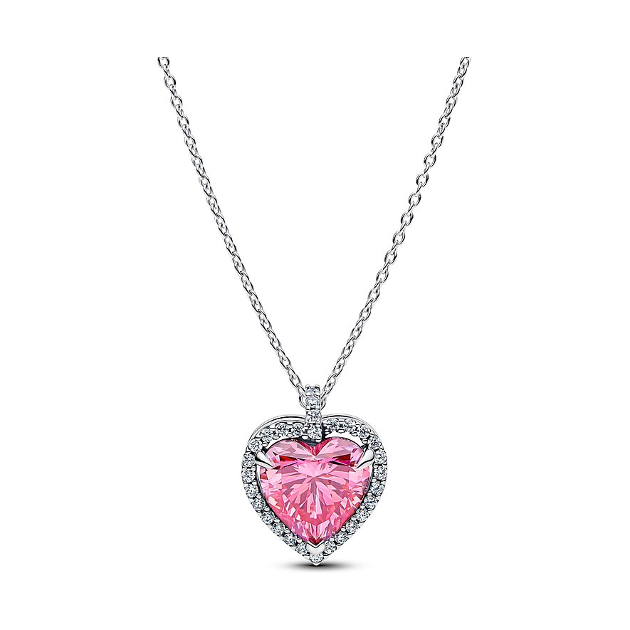 Pandora Herzkette aus Silber mit einem rosa Zirkonia-Herzanhänger umrandet von kleinen klaren Schmucksteinen.