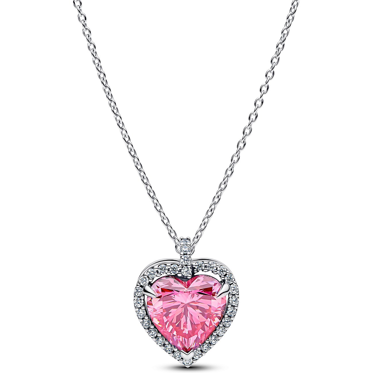 Pandora Herzkette aus Silber mit einem rosa Zirkonia-Herzanhänger umrandet von kleinen klaren Schmucksteinen.