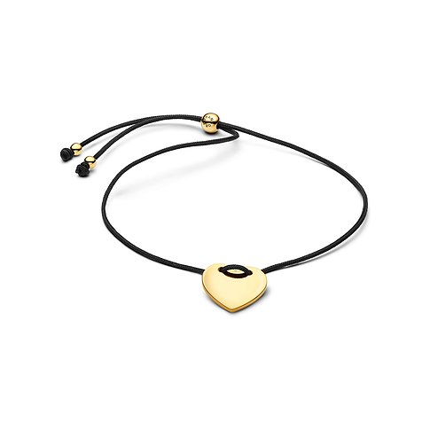 Pandora Armband aus schwarzem Textil mit ovalen goldenen Perlen und einem Herz aus Goldmetall an der Unterseite.