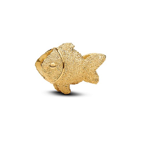 Pandora Anhängerschmuck aus goldfarbenem Metall, geformt wie ein Fisch mit strukturierter Oberfläche und glänzendem Auge.