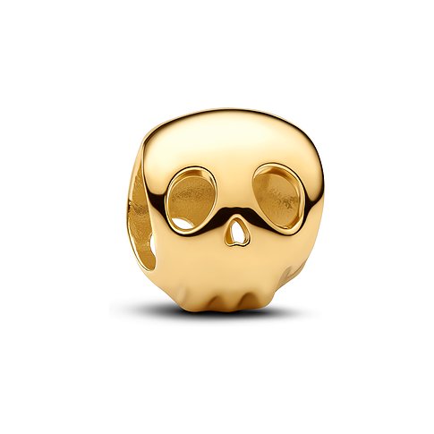 Pandora Anhängeschmuck aus goldfarbenem Metall in Schädelform mit leeren Augenhöhlen und Nasenöffnung.