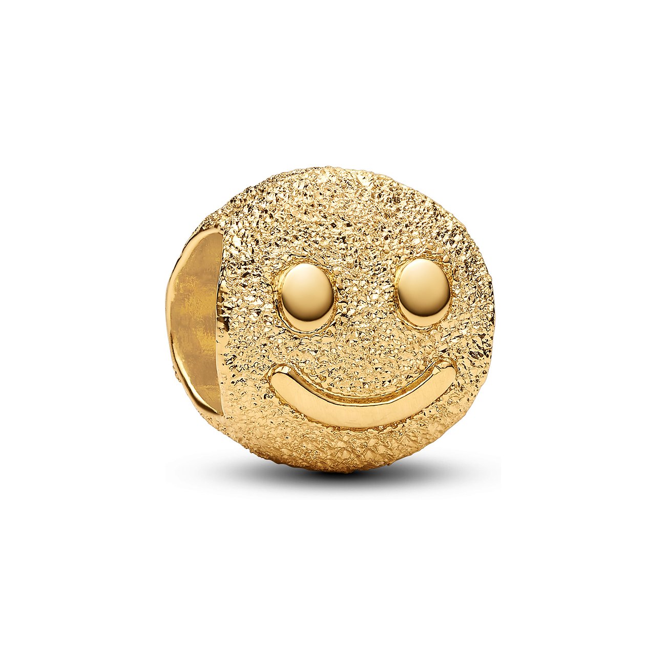 Goldfarbener Pandora Metall-Charm in Kugelform mit Smiley-Gesicht und grober Textur.