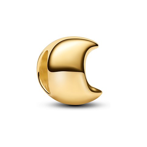 Pandora Anhängeschmuck aus Metall in Form eines goldenen, glänzenden Halbmonds, der auf einer Seite eine Öffnung hat.