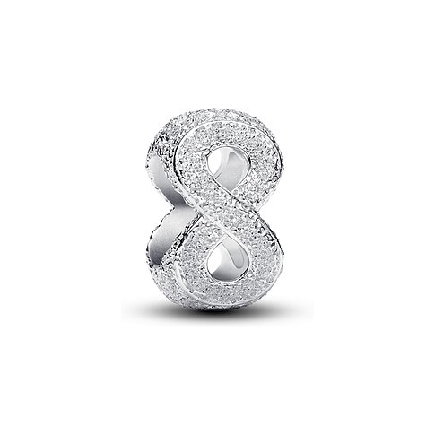 Pandora Anhängeschmuck "Infinity" aus 925er Silber in Form einer liegenden Acht, rundherum glitzernd verziert.
