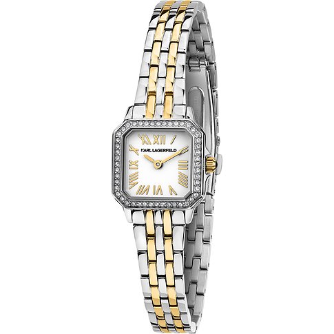 Tweekleurig Karl Lagerfeld dameshorloge van rvs met rechthoekige wijzerplaat, Romeinse cijfers en sierstenen.