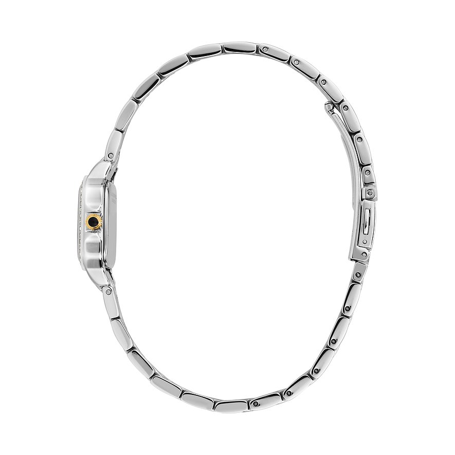 Sidovy av en Karl Lagerfeld damklocka i rostfritt stål med blankt band och guldaccent på boetten.