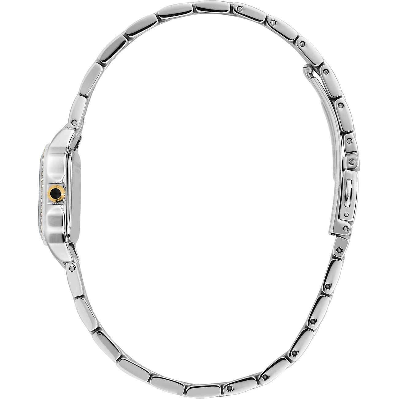 Sidovy av en Karl Lagerfeld damklocka i rostfritt stål med blankt band och guldaccent på boetten.