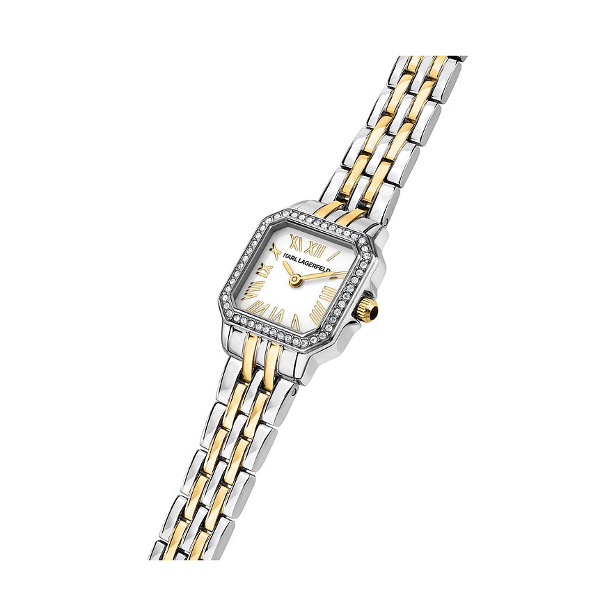 Karl Lagerfeld damur i rostfritt stål snett ovanifrån, med glittrande smyckesstenar och vit urtavla.