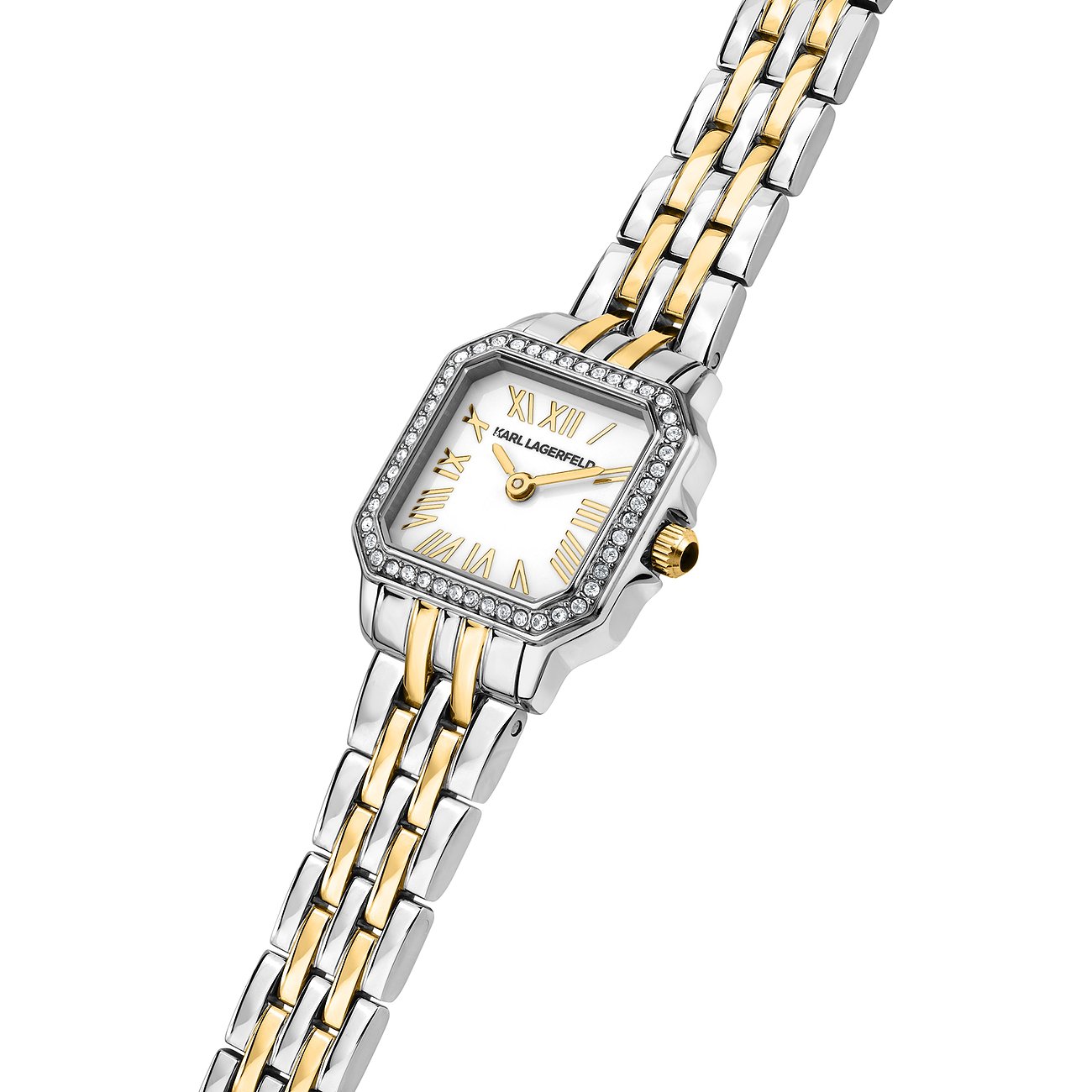 Karl Lagerfeld damur i rostfritt stål snett ovanifrån, med glittrande smyckesstenar och vit urtavla.