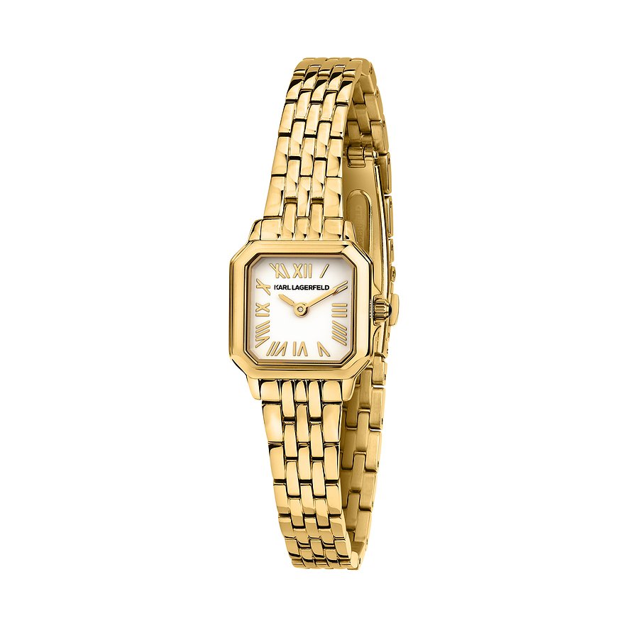 Karl Lagerfeld damklocka i guldfärgat rostfritt stål med vit urtavla och romerska siffror.