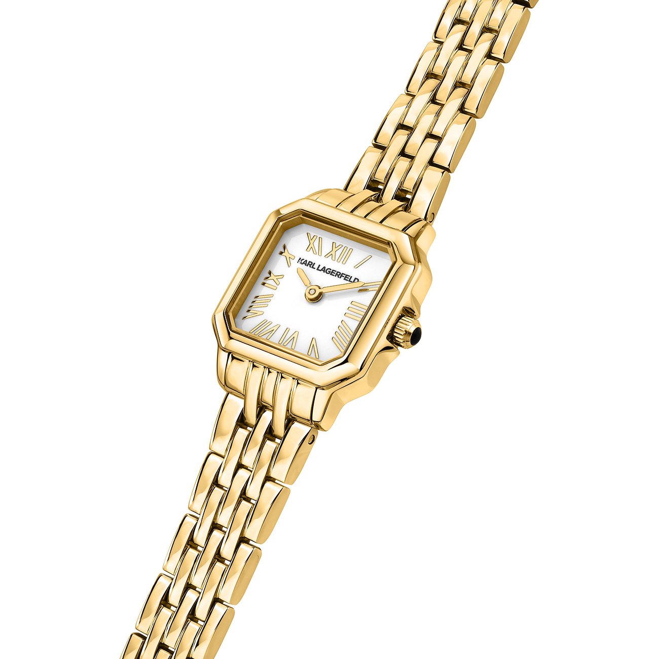 Karl Lagerfeld damur i guldfärgat rostfritt stål med åttkantigt boett och vit urtavla.
