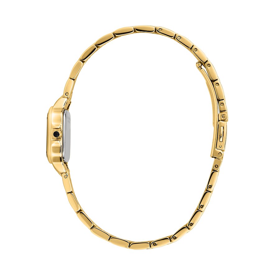 Sidovy av ett Karl Lagerfeld damur i guldfärgat rostfritt stål med glänsande länkarmband.