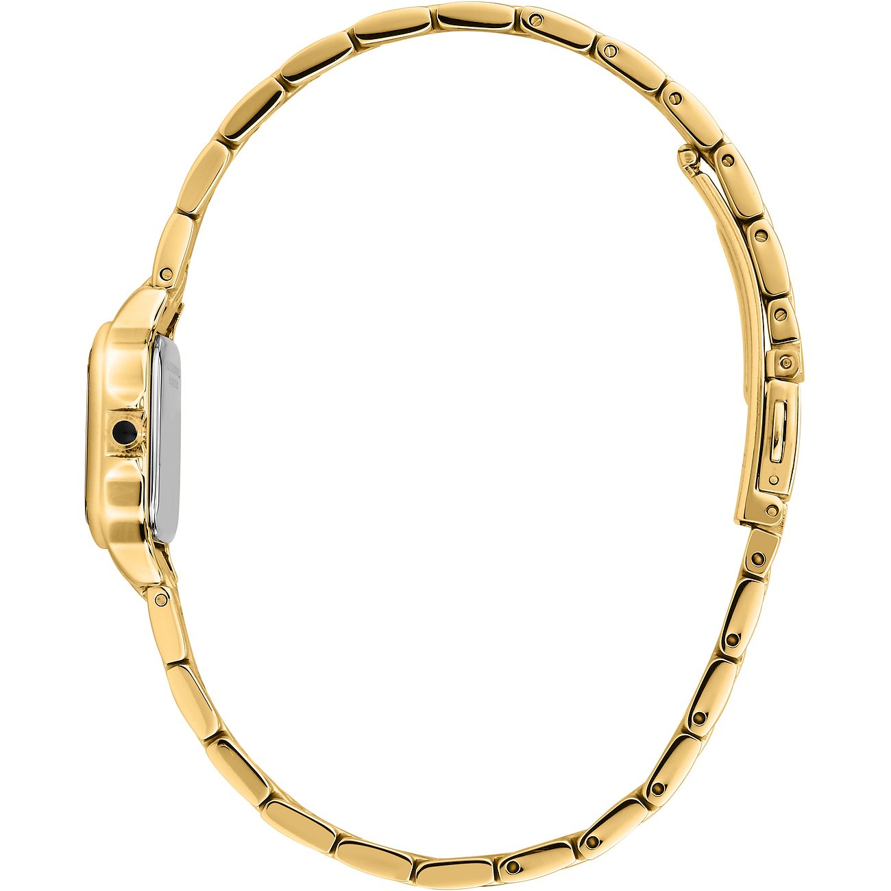 Sidovy av ett Karl Lagerfeld damur i guldfärgat rostfritt stål med glänsande länkarmband.