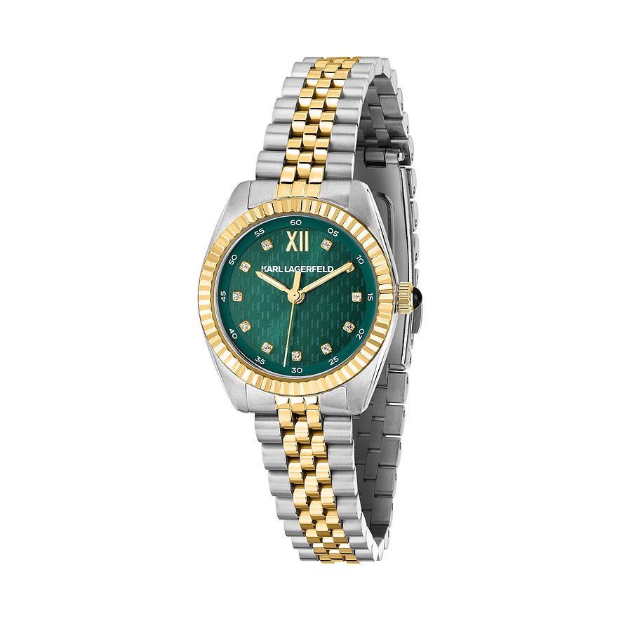 Karl Lagerfeld damklocka i bicolour rostfritt stål med grön urtavla och glittrande klara ädelstenar.