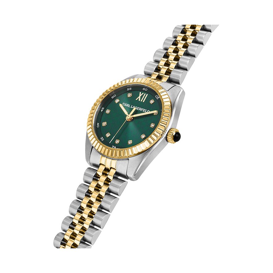 Karl Lagerfeld damklocka i guld- och silverfärgat rostfritt stål med grön urtavla och zirkoniastenar.