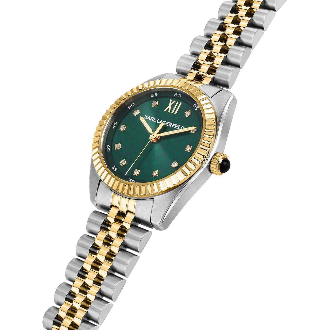 Karl Lagerfeld damklocka i guld- och silverfärgat rostfritt stål med grön urtavla och zirkoniastenar.