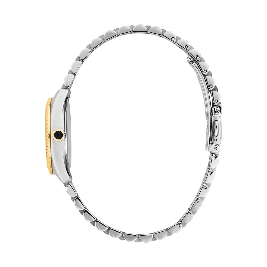 Sida vy av Karl Lagerfeld damur i rostfritt stål med guldfälgar och svart sten på kronan.