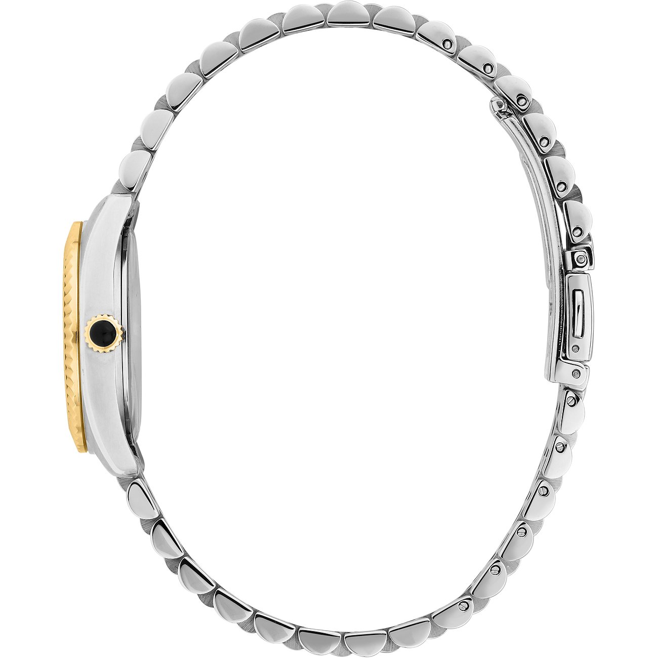 Sida vy av Karl Lagerfeld damur i rostfritt stål med guldfälgar och svart sten på kronan.