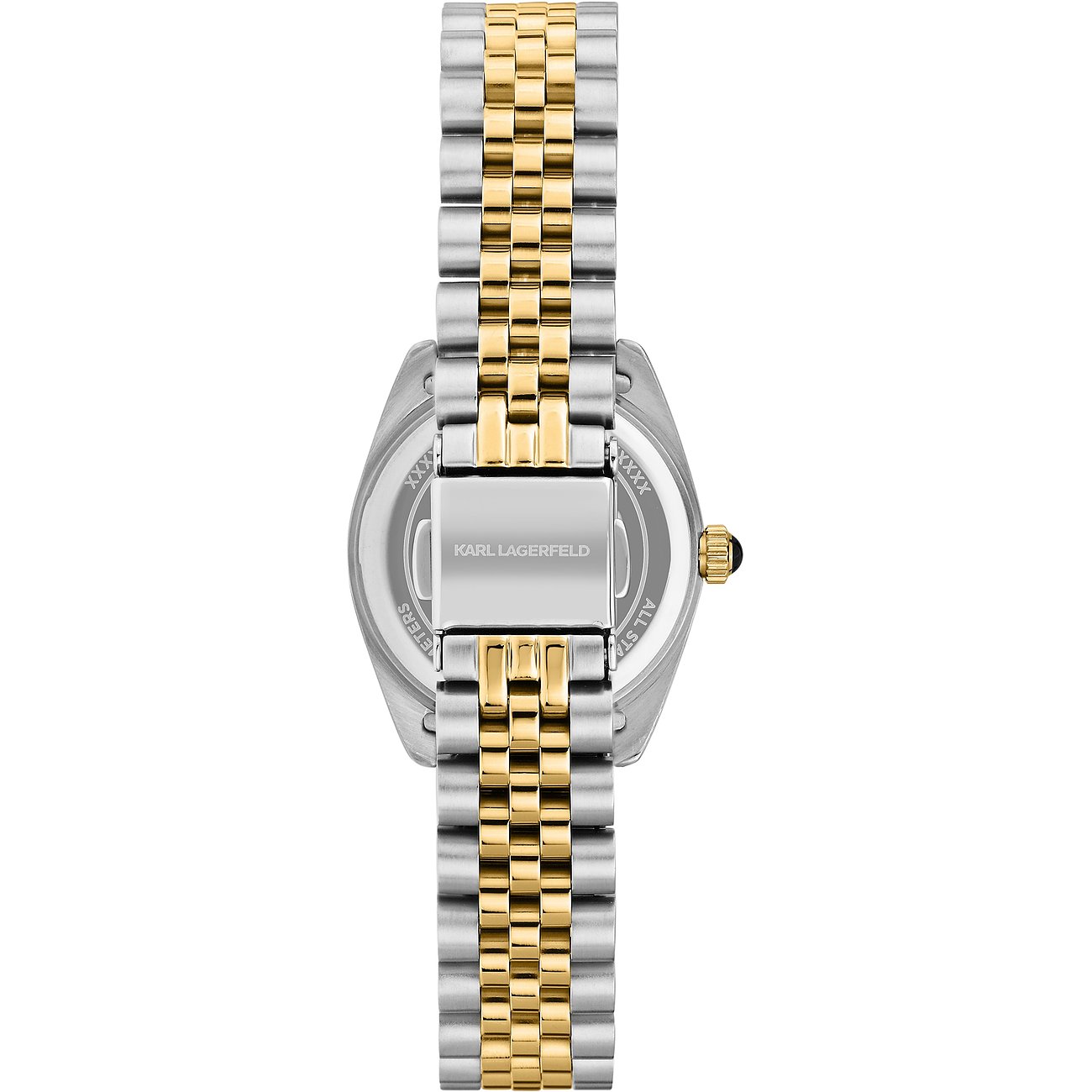 Baksidan av Karl Lagerfeld damklocka i guld- och silverfärgat rostfritt stål med ingraverad varumärkeslogotyp.