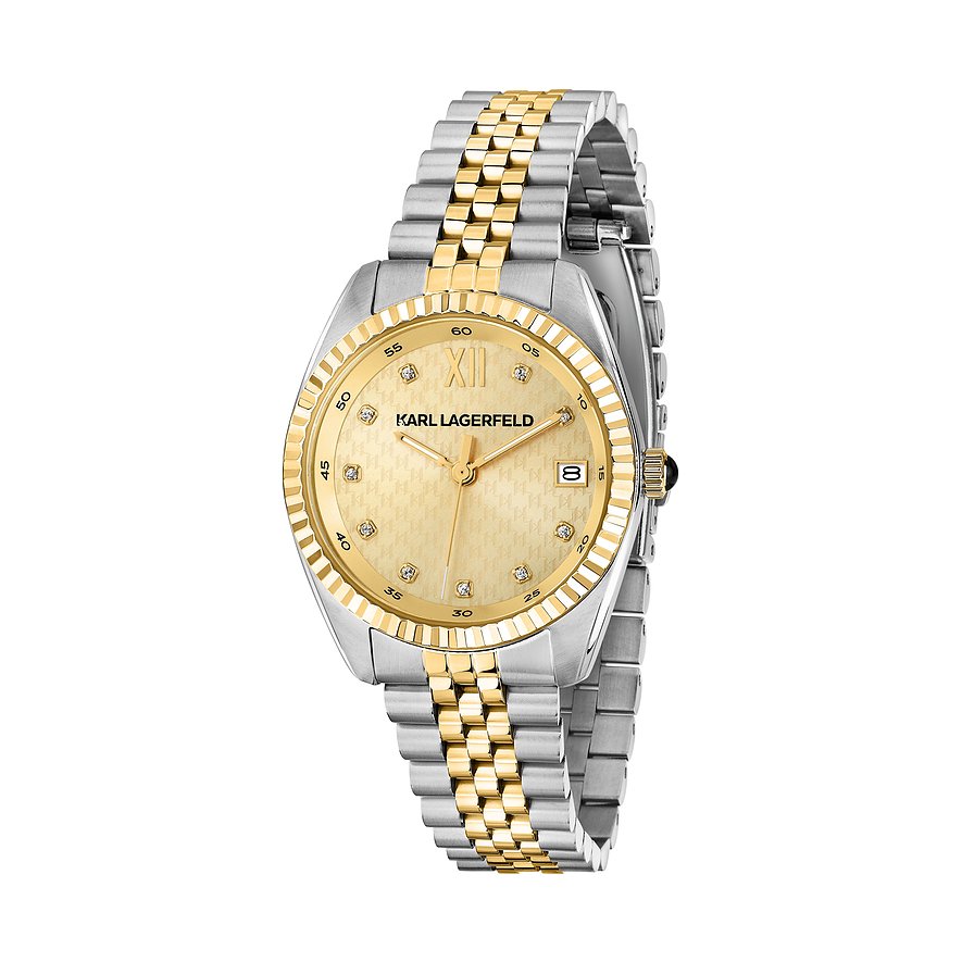 Orologio da donna Karl Lagerfeld in acciaio inossidabile color oro e argento, quadrante lucido e gemme.