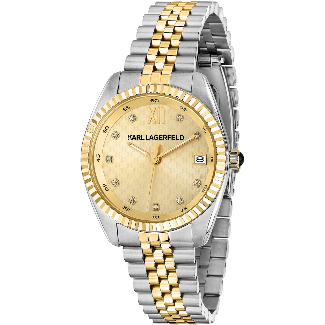 Orologio da donna Karl Lagerfeld in acciaio inossidabile color oro e argento, quadrante lucido e gemme.