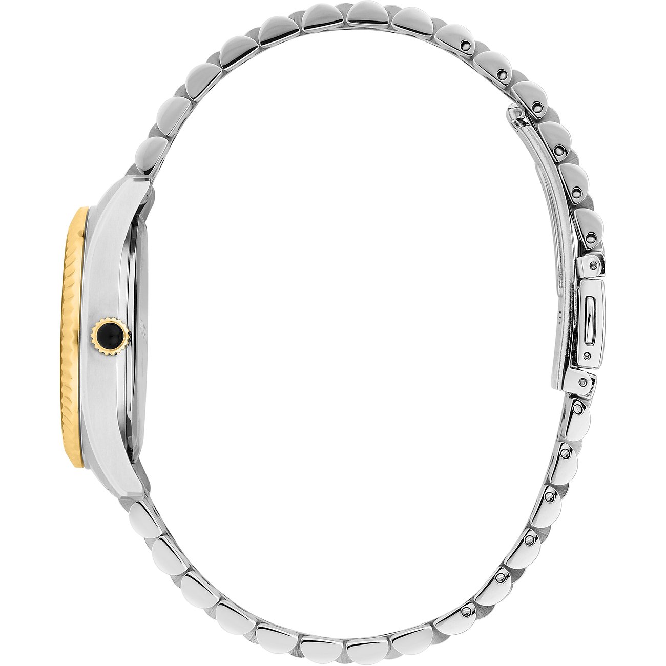 Visione laterale dell'orologio da donna Karl Lagerfeld in acciaio con quadrante dorato e cinturino argentato.