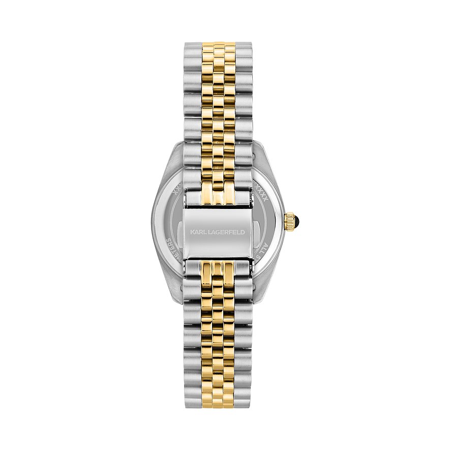 Vista posteriore dell'orologio da donna Karl Lagerfeld in acciaio inossidabile bicolore con accenti dorati e fondello inciso.