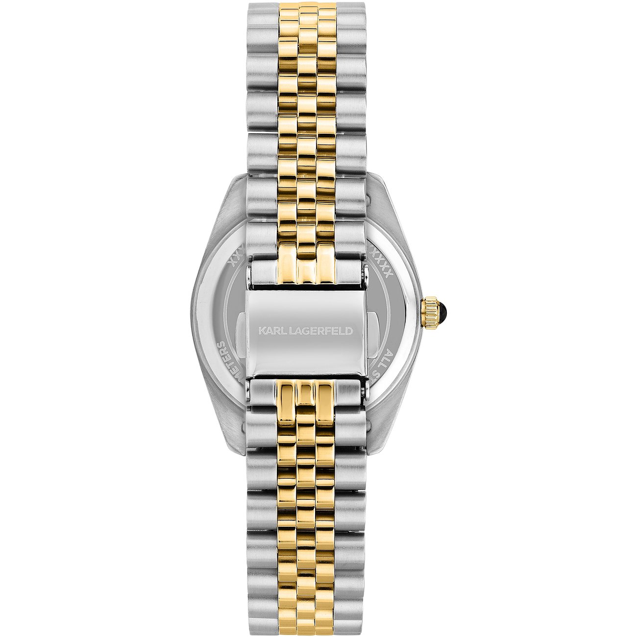 Vista posteriore dell'orologio da donna Karl Lagerfeld in acciaio inossidabile bicolore con accenti dorati e fondello inciso.